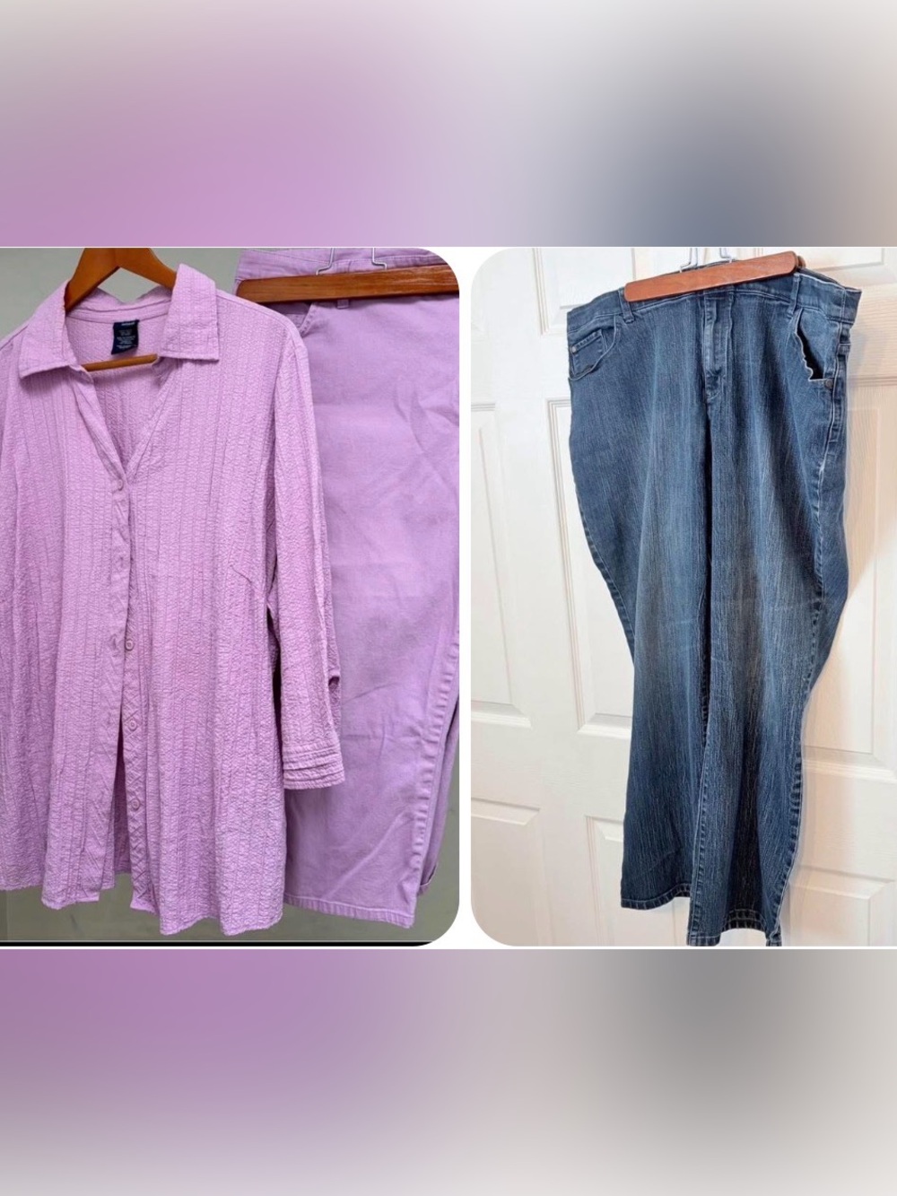 CJ BANKS jeans 24w and Lilac Button-Up Crinkle Shirt 2x, Capri pants Set 24w.